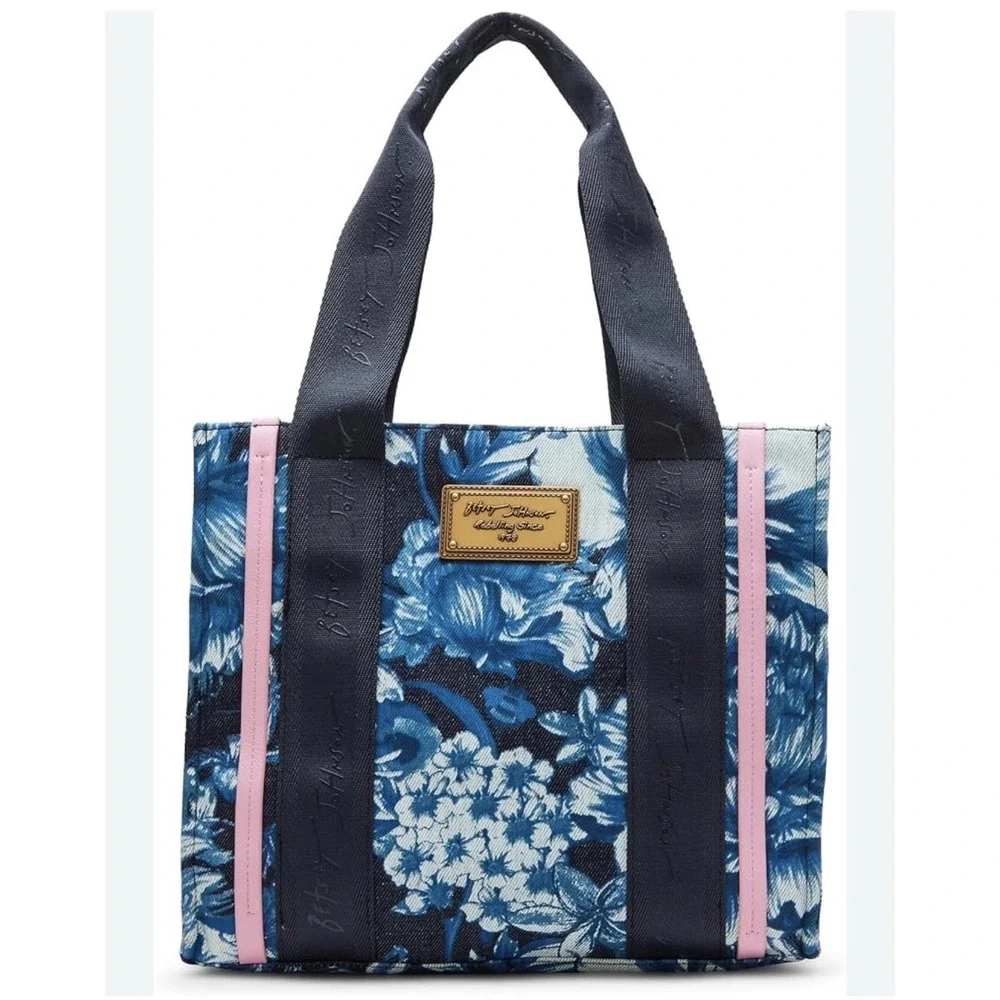 Betsey Johnson Denim Bag Tote Blue Floral Embroidered Handbag Satchel Crossbody
